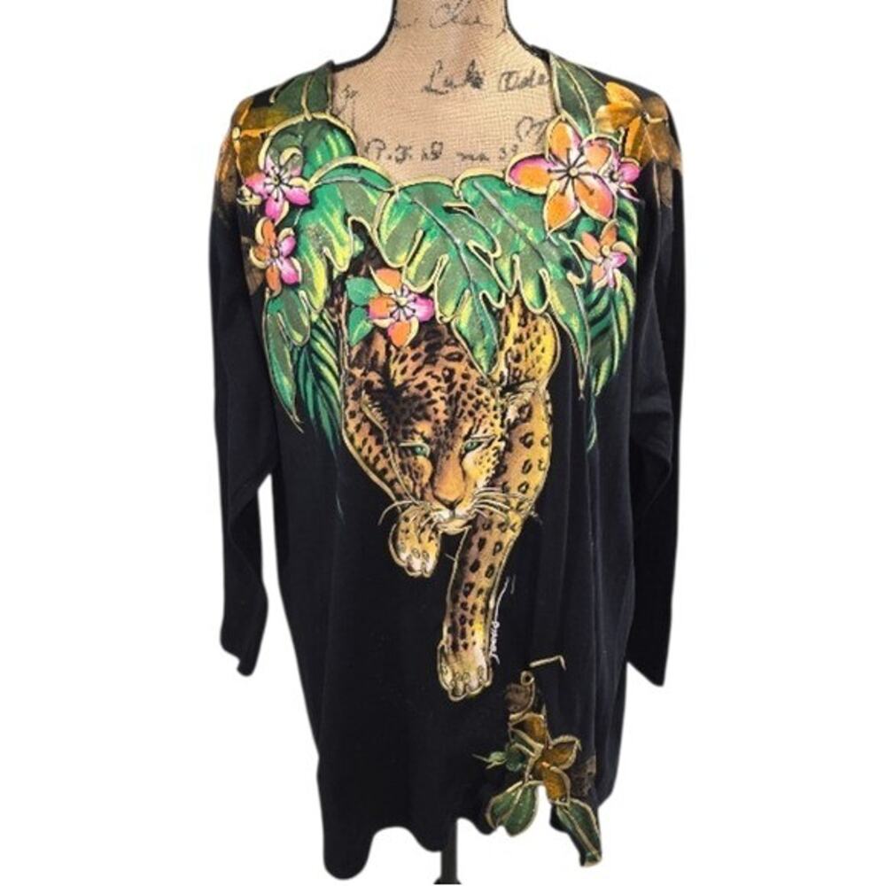 Vintage Black 3/4 Sleeve Puff Paint Leopard Tropical Floral Art Print Tunic Top